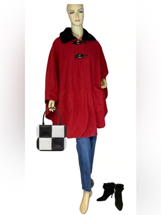 Le Moda Jackets & Blazers - LE MODA RED FLEECE W/BLACK FAUX FUR COLLAR PONCHO (OSFM)
